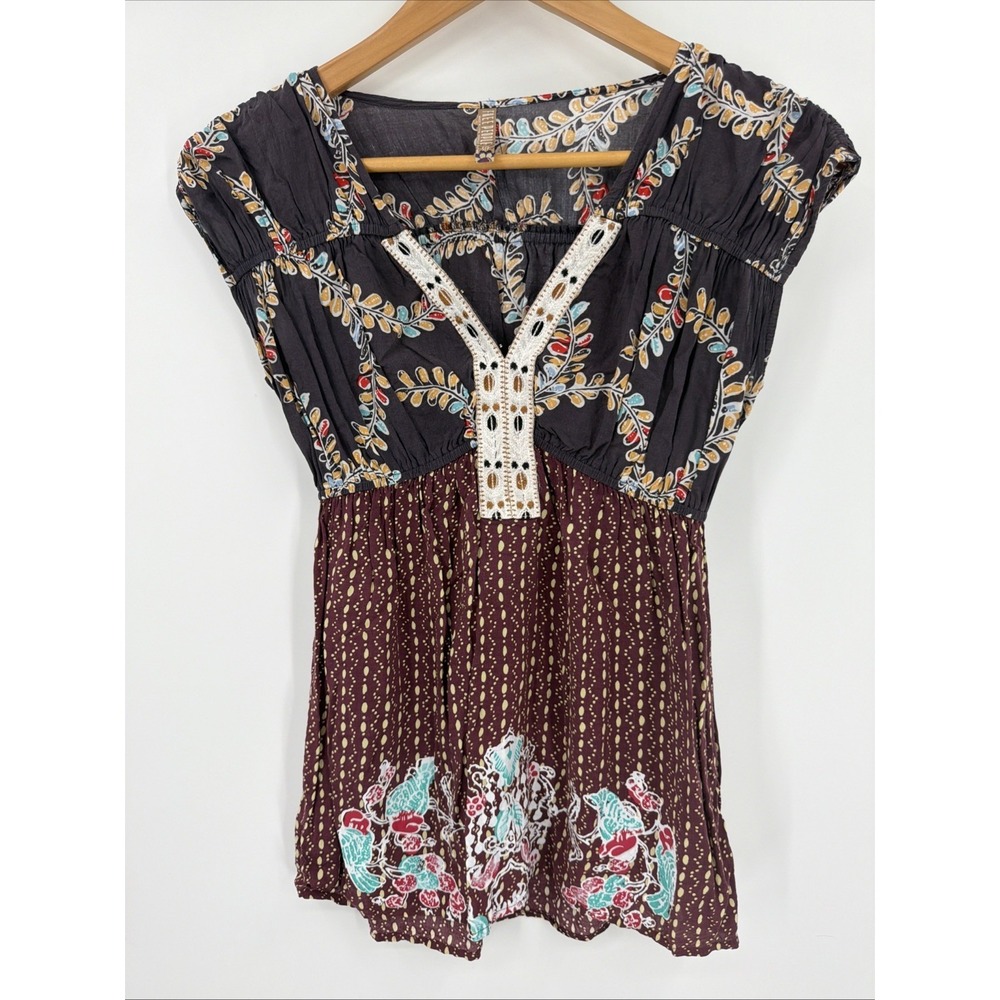 Free People Vtg Sz S Sleeveless Babydoll Top Floral Ruched 90s Y2K Festival Boho